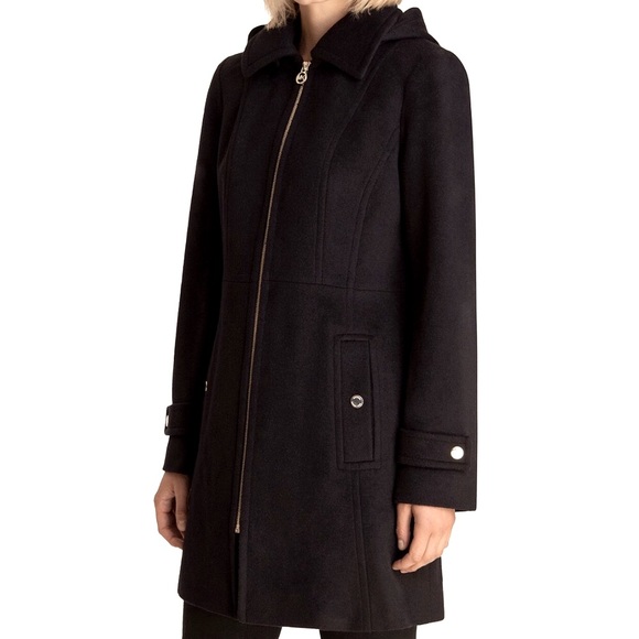Black Michael Kors Hooded Notched-Collar Coat, Created by Macys - Picture 1 of 16